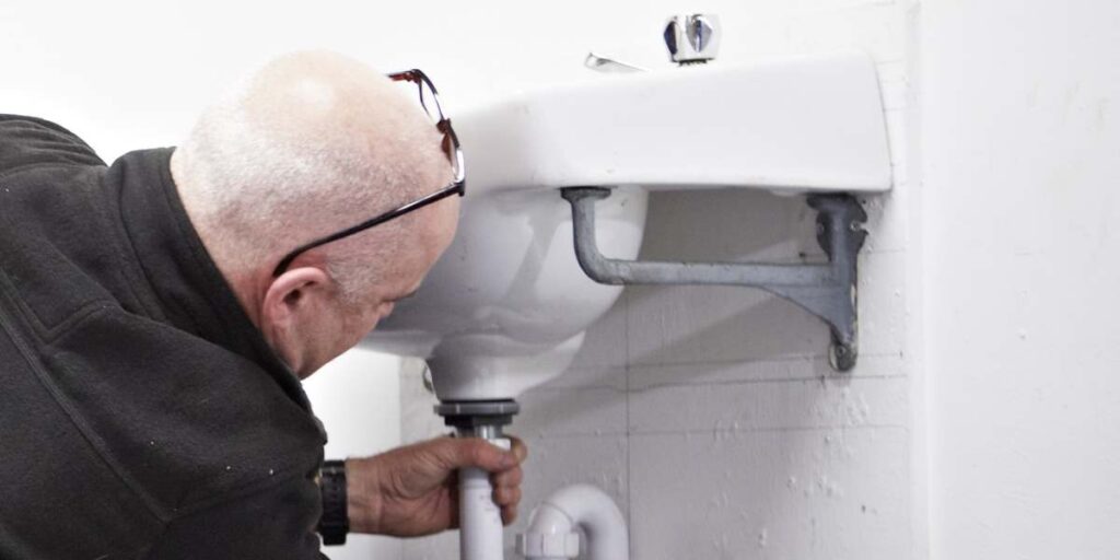 A person is fixing or installing a u-bend pipe under a white ceramic wash basin